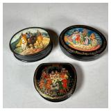 (3pc) Russian Painted Lacquer Boxes | Including two oval boxes and one half round box, all with figu