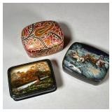 (3pc) Russian Lacquered Boxes | Including one with a sleigh riding scene and one depicting a riversi