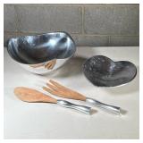 (4pc) Nambe Bowls and Salad Serving Pieces | Including a small heart-shaped dish and a larger square