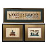 (3pc) Egyptian Papyrus paintings | Three framed Egyptian papyrus works, each depicting traditional a