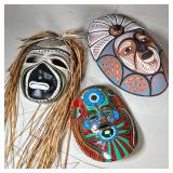 (3pc) Painted Pottery & Ceramic Masks | Colorfully decorated masks, including one with raffia hair a
