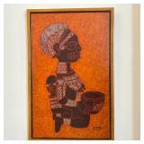 African Batik Textile Painting | Batik textile artwork depicting a stylized mother and child on an o