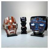 (3pc) Mixed Stone Inlay & Wood Masks / Figurine | Including a carved black stone, possibly onyx, fig