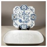 (2pc) Serving Platters | Including a porcelain “Blue Danube” square platter with openwork handles an