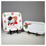 (2pc) Christmas Serving Dishes | Small oblong white dish with raised ceramic candy cane and holly an
