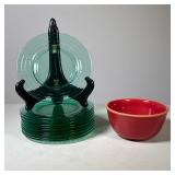 (11pc) Green Glass Salad Plates & Bowl | Including a set of 10 green glass plates with rippled rims,