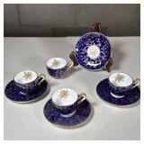 (8pc) Minton China Demitasse Cups & Saucers Made In England | Dark cobalt blue ground with gold vine