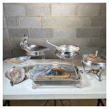 (7pc) Miscellaneous Silver Plated Serving Pieces | Including rectangular covered dish holder (no pyr