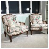 Pair French Provincial-Style Bergere Chairs | Armchairs with carved wood frames with floral upholste