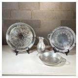 (4pc) Misc. Silver Toned Serving Dishes, Pitcher | Group of mixed metal serving pieces including: on