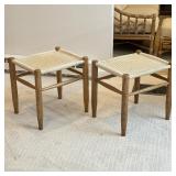Pair Mid-Century Shaker Style Stools | Mid-century style stools with woven seats over tapered wood f