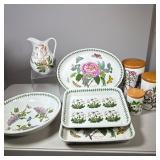 (8pc) Portmeirion Assorted Pottery | Including 3 canisters with wooden tops, one pitcher, large shal