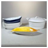 (8pc) Au Gratin Baking Dishes And Vintage Covered Casserole Dish | 4 white matching oblong dishes an