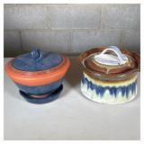 (2pc) Mid-Century Pottery Covered Bowls | Including a bowl with an amorphous wave rim and textured w