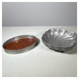 Pierced Gallery Tray & Sculptural Bowl | Small metal rimmed veneer tray. Pewter-like bowl by Wilton 