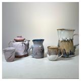 (5pc) Assorted Pottery Lot | Tea pot with matching cup, Small and large pitcher and miscellaneous mu