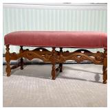 Velvet Upholstered Wooden Bench With Carved Apron | Supported by turned legs Dimensions: h. 19 x w. 