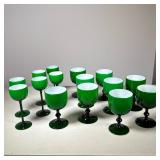 (15pc) Green Goblets | Six taller, smaller goblets. Nine shorter, larger goblets. Dark green stems f