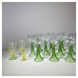 (13pc) Set of Mixed Art Glass Stemware | 10 wine glasses with swirled light green blown glass bottom