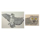 (2pc) Complimentary Owl Sketches | 21”h x 16”w sight. In black and white with yellow eyes. Signed bo