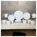 (17pc) Epoch Floral China Luncheon Set | With light blue trim and delicate flowers. Including: 6 cof