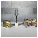 (3pc) Animal Figures | Including a Turkish deer on a stone pedestal, a brass elephant, and a painted
