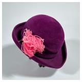 Vintage Purple Felted Hat With Flamingo Pink Feather Design