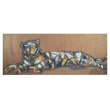 "FIELDS" AMERICAN SCHOOL (20TH CENTURY) MIXED MEDIA ON BURLAP RECLINING TIGER