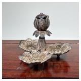 INDIAN SILVER FILIGREE TRIPOD DISH WITH LIDDED SPICE CUP