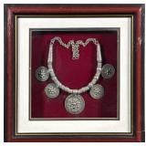 VINTAGE TRIBAL SILVER PECTORAL NECKLACE WITH FILIGREE MEDALLIONS, FRAMED
