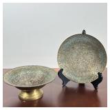 (2pc) INDIAN CHASED BRASS FOOTED BOWL & CHARGER