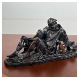 CHINESE CARVED HARDWOOD FIGURE OF RECLINING MAN WITH GOURD & PRAYER BEADS