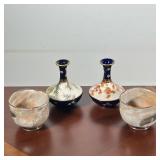 (4pc) JAPANESE ENAMELED MINIATURE VASES (PAIR) & RAKU-STYLE CRACKLE GLAZE MATCHA BOWLS (PAIR)
