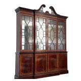 FLAME MAHOGANY CHIPPENDALE-STYLE FOUR-DOOR BREAKFRONT CHINA CABINET