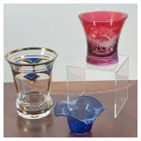 (3pc) DECORATIVE GLASS BOWLS INCLUDING RUBY OVERLAY ETCHED CORDIAL, GILT-ENAMEL TUMBLER, SIGNED COBA