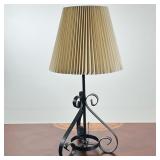 WROUGHT IRON SCROLLED TABLE LAMP WITH PLEATED FABRIC SHADE