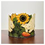 TOLEWARE PAINTED TIN PLANTER WITH RABBITS AND SUNFLOWERS