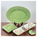 (4pc) FLEUR DE TERRE (FRANCE) & ZRIKE HAND-PAINTED GREEN GLAZED CERAMIC SERVING
