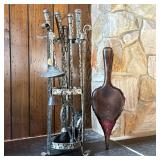 (7pc) WROUGHT IRON FIREPLACE TOOL SET WITH STAND, FOUR TOOLS, WOODEN BELLOWS & CHIME