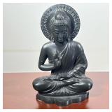 SITTING BUDDHA WALL PLAQUE WITH HALO, BLACK METAL