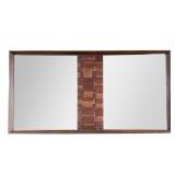 MID-CENTURY MODERN WALNUT DRESSER MIRROR WITH CENTRAL WOOD BLOCK MOSAIC, POSSIBLY LANE STACCATO