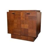 MID-CENTURY MODERN WALNUT NIGHTSTAND WITH PARQUETRY DOORS, POSSIBLY LANE STACCATO