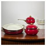 (8pc) VINTAGE MID-CENTURY COPCO RED ENAMELED CAST IRON COOKWARE & NESTED BOWLS