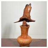 (2pc) ROOT CARVING FIGURE WITH WIDE-BRIM HAT IN ETCHED TERRACOTTA VASE