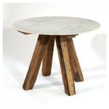 CONTEMPORARY ORGANIC MODERN MARBLE AND RECLAIMED WOOD TABLE |Circular table featuring a light gray m