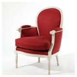 LOUIS XVI STYLE PAINTED BERGERE ARMCHAIR | This armchair is upholstered in a red textile with a matc