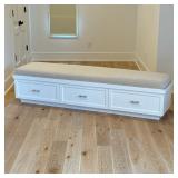 CUSTOM PAINTED WHITE BENCH WITH THREE DRAWERS AND UPHOLSTERED TOP | This long bench features a white