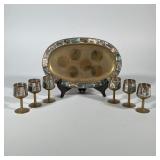 (7pc) MEXICAN BRASS AND ABALONE CORDIAL SET WITH TRAY | This set includes six brass cordial cups and