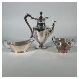 (3pc) ROBERTS & BELK SILVERPLATE COFFEE POT, SUGAR, AND ONEIDA SAUCE BOAT | Three-piece silverplate 