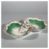 GILT AND ENAMELED PORCELAIN DIVIDED SERVING DISH | Divided into two scalloped basins joined by a cen